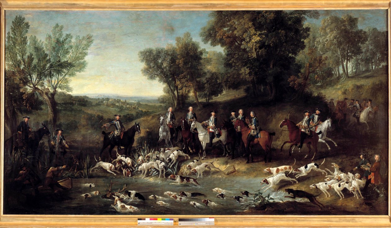 Król Ludwik XV polujący na jelenie w lesie Saint Germain w 1730 r. Obraz Jean Baptiste Oudry (1686-1755) 1730 Tuluza, Musee des Augustins autorstwa Jean Baptiste Oudry