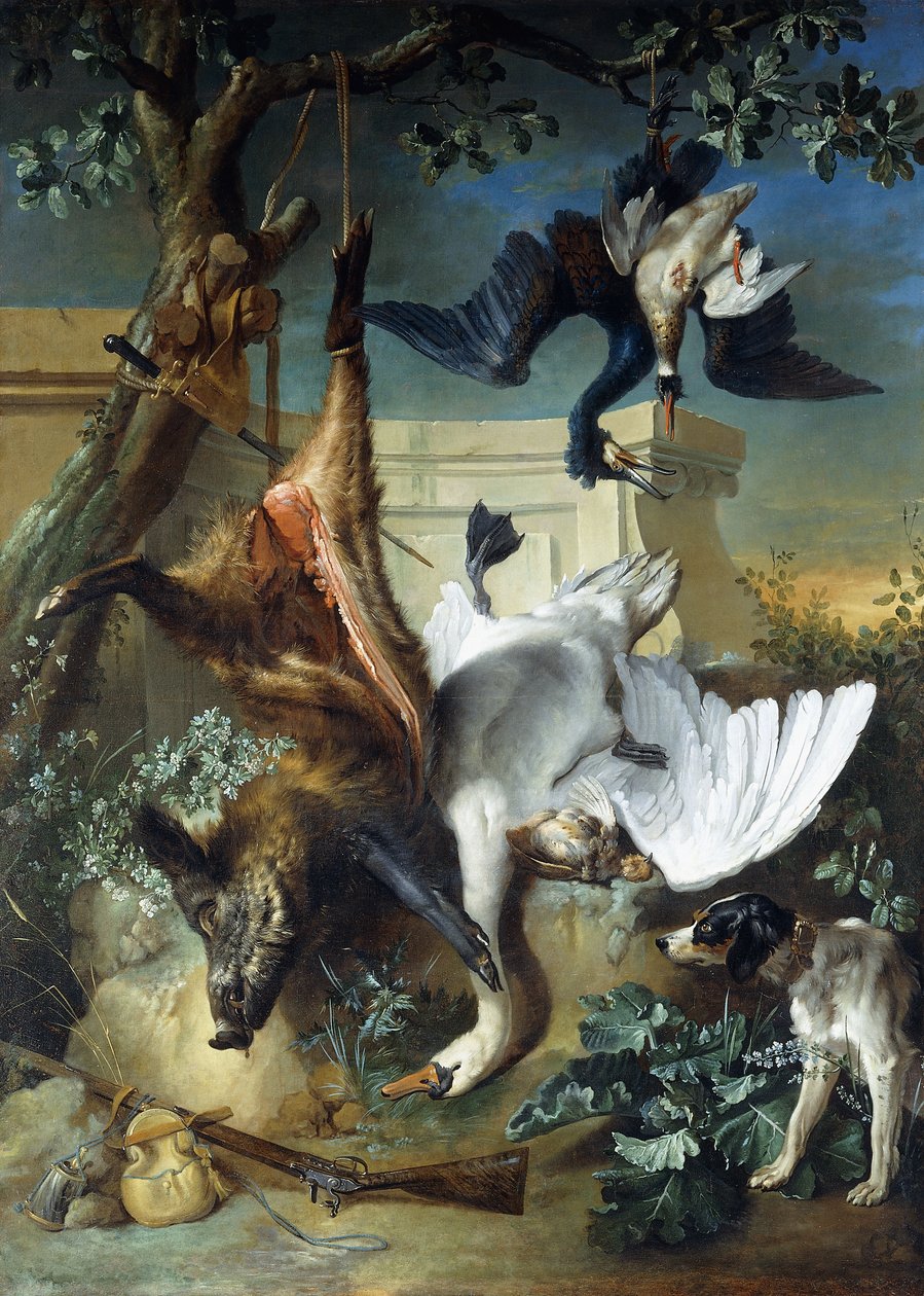 „Powrót polowania”: pies myśliwski strzegący martwej zwierzyny, autorstwa Jean Baptiste Oudry