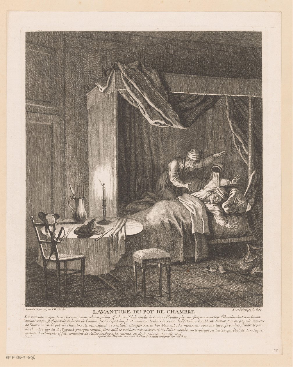 Człowiek jest zaskoczony, gdy opróżnia się nad niego nocnik Lavanture du pot de chambre (tytuł na przedmiocie) Sceny z Roman Comique Scarrona (tytuł serii) autorstwa Jean Baptiste Oudry