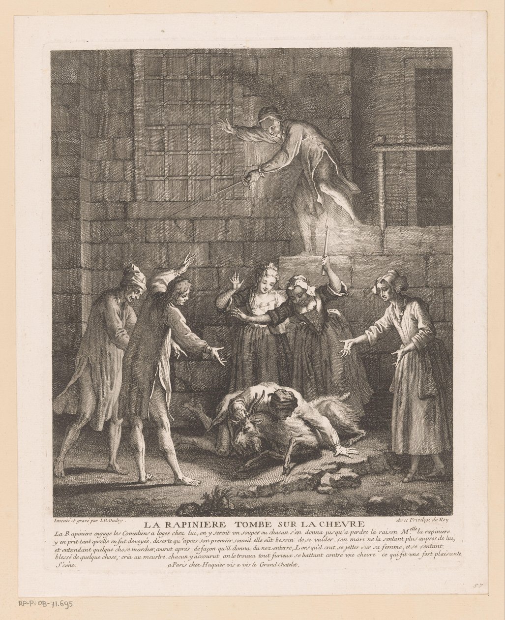 Człowiek valt bovenop een geit La Rapinière spada na kozę (tytuł na obiekcie) Sceny z Romana Comique van Scarrona (tytuł serii) autorstwa Jean Baptiste Oudry