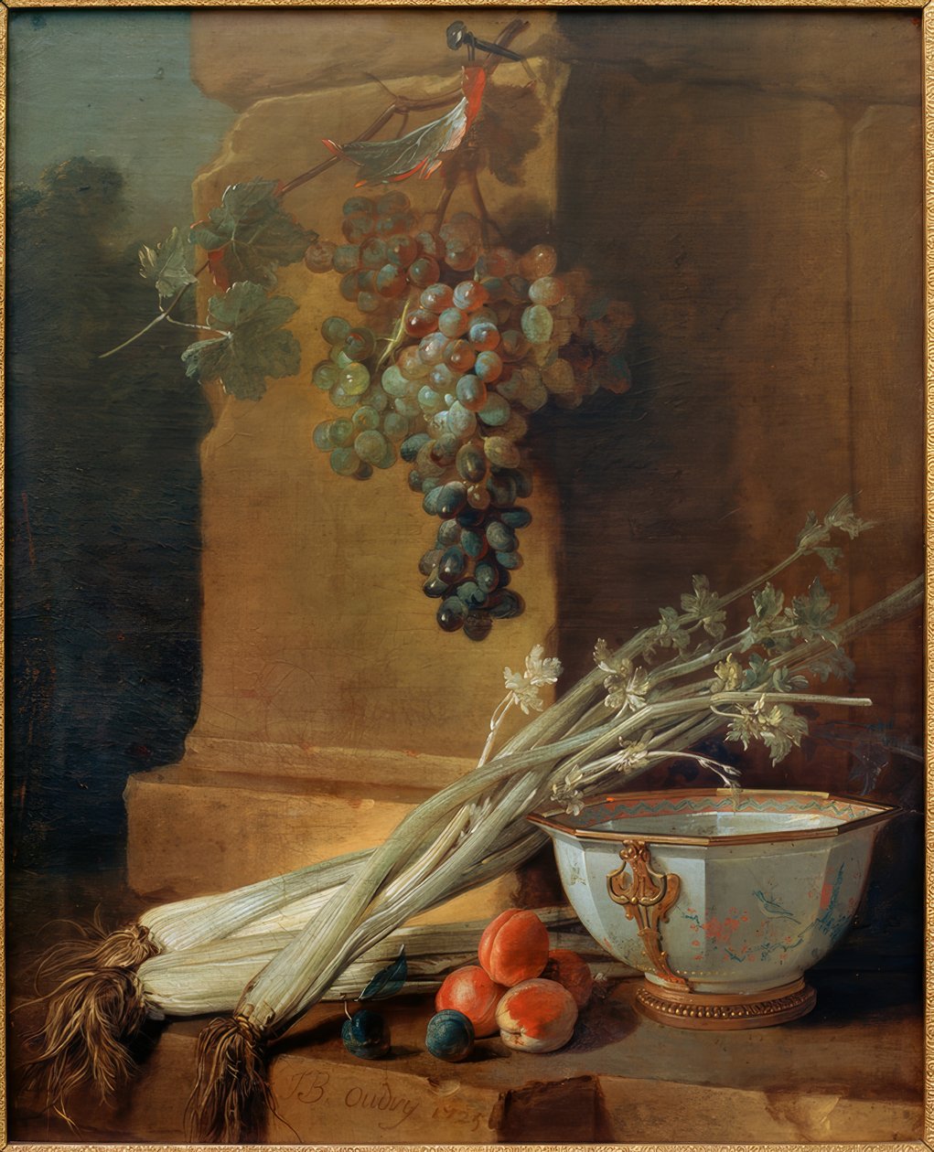 Martwa natura z owocami, selerem naciowym i miską por autorstwa Jean Baptiste Oudry
