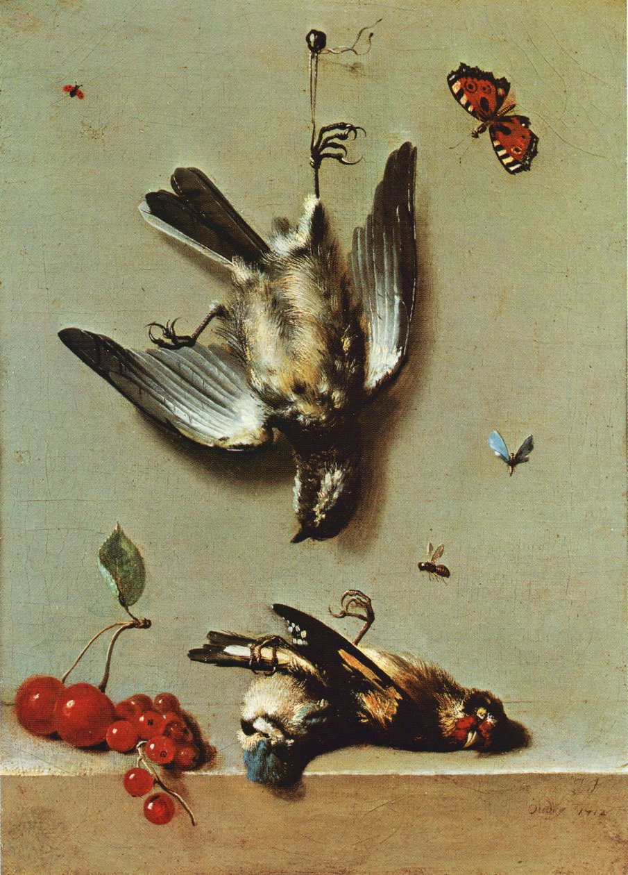 Martwa natura z trzema martwymi ptakami, porzeczkami, wiśniami i owadami autorstwa Jean Baptiste Oudry