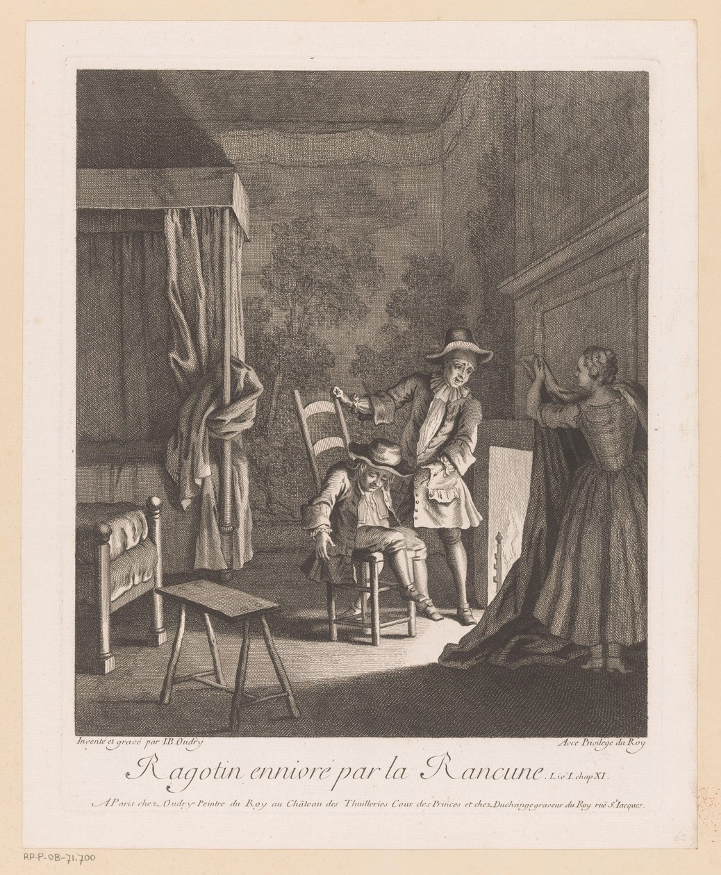 Ragotin pijany na krześle przy ognisku Ragotin ennivré par la rancune (tytuł na przedmiocie) Sceny z Roman Comique Scarrona (tytuł serii) autorstwa Jean Baptiste Oudry