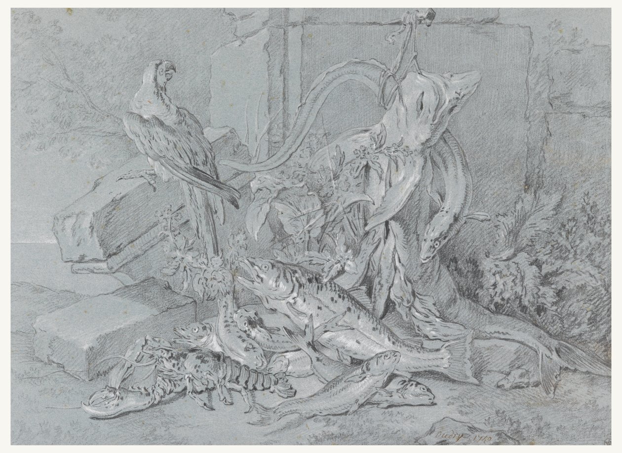 Martwa natura z rybą i papugą autorstwa Jean Baptiste Oudry