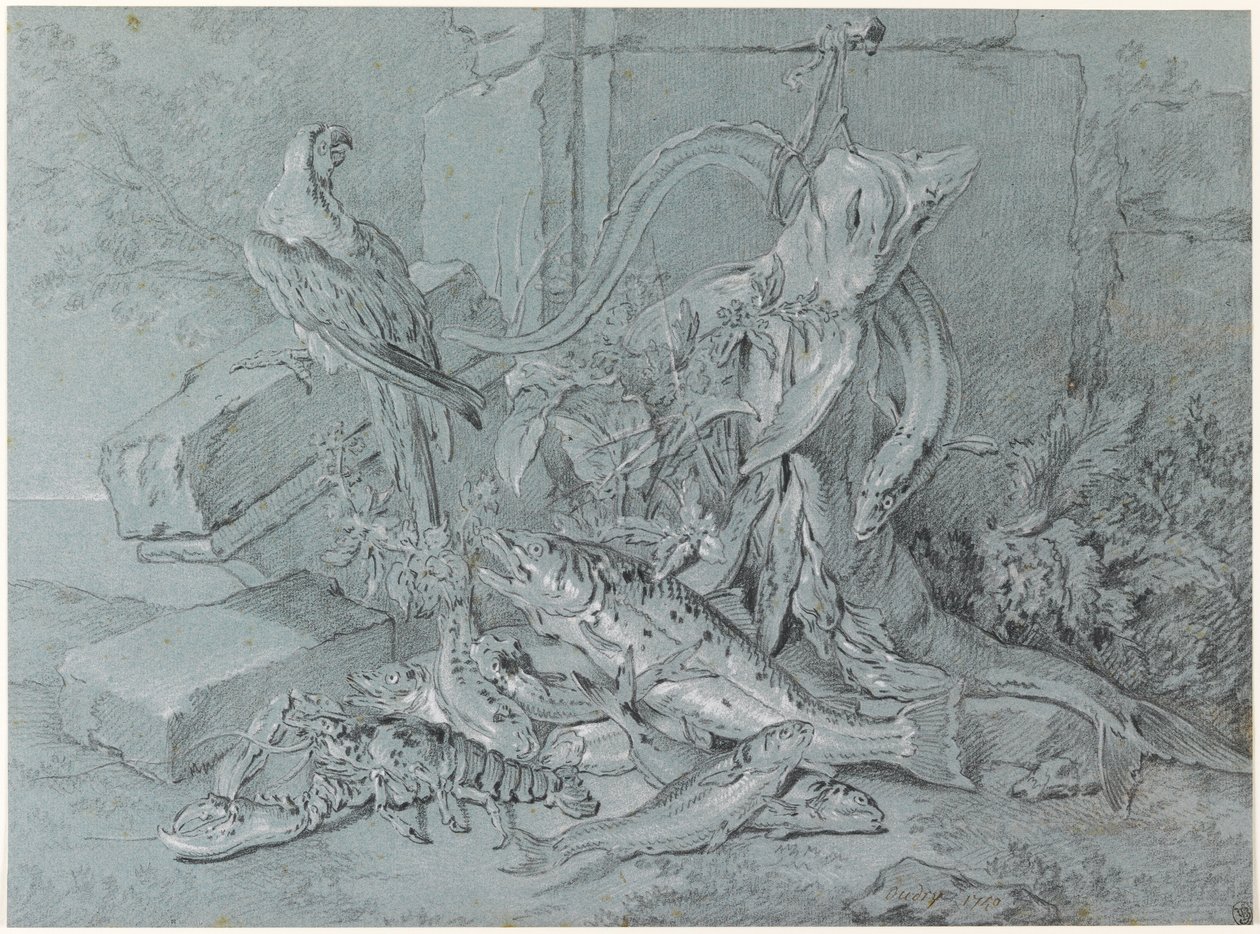Martwa natura z rybą i papugą autorstwa Jean Baptiste Oudry