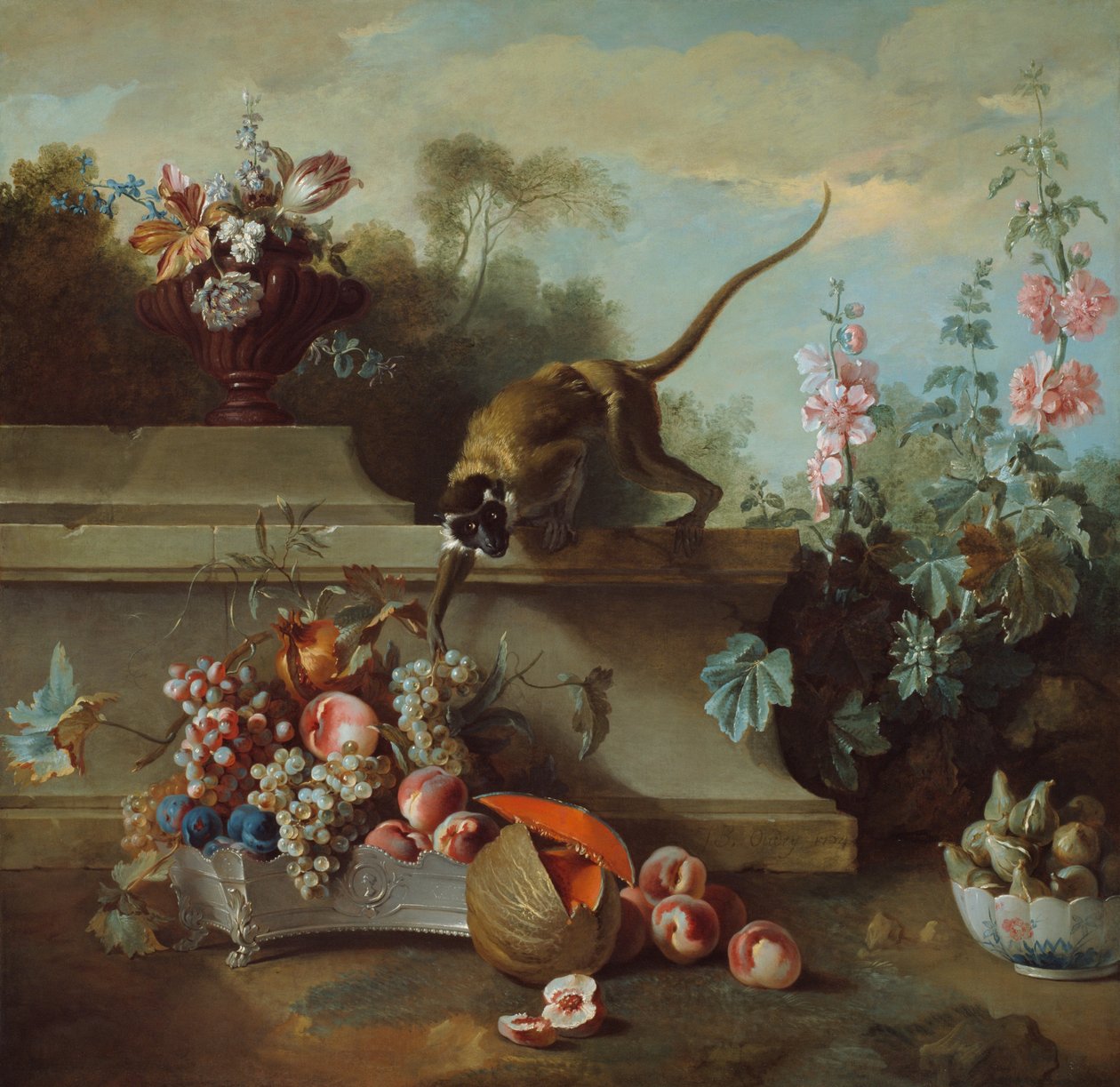 Martwa natura z małpą, owocami i kwiatami autorstwa Jean Baptiste Oudry