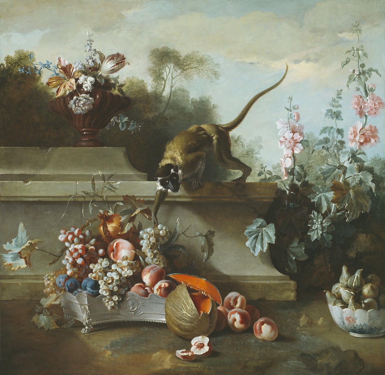 Martwa natura z małpą, owocami i kwiatami, 1724 autorstwa Jean Baptiste Oudry