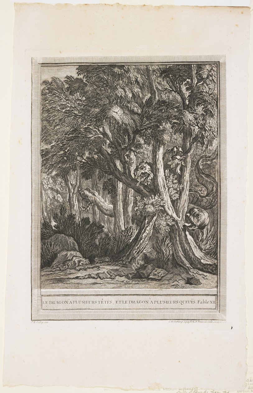 Smok o wielu głowach, bajka XII, ok. n.e. 1753-1755 autorstwa Jean Baptiste Oudry