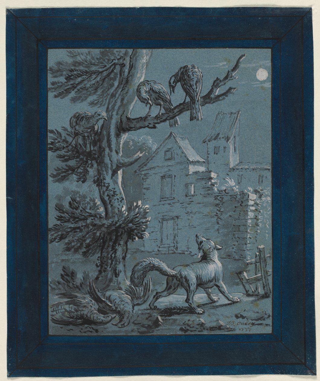 Lis i kury indycze: ilustracja do bajek La Fontaine, 1733. autorstwa Jean Baptiste Oudry