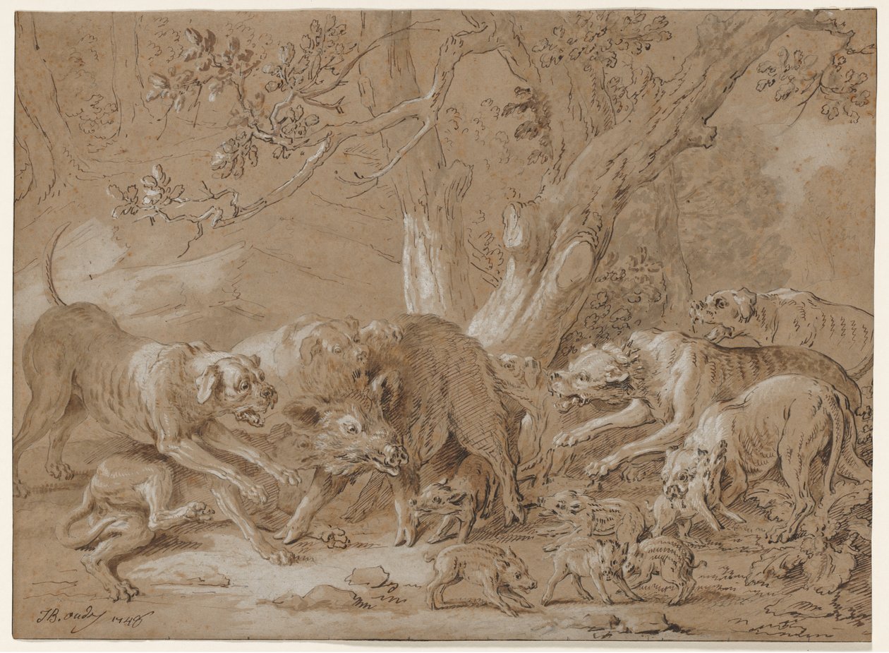 Dzika maciora i jej młode zaatakowane przez psy, 1748. autorstwa Jean Baptiste Oudry
