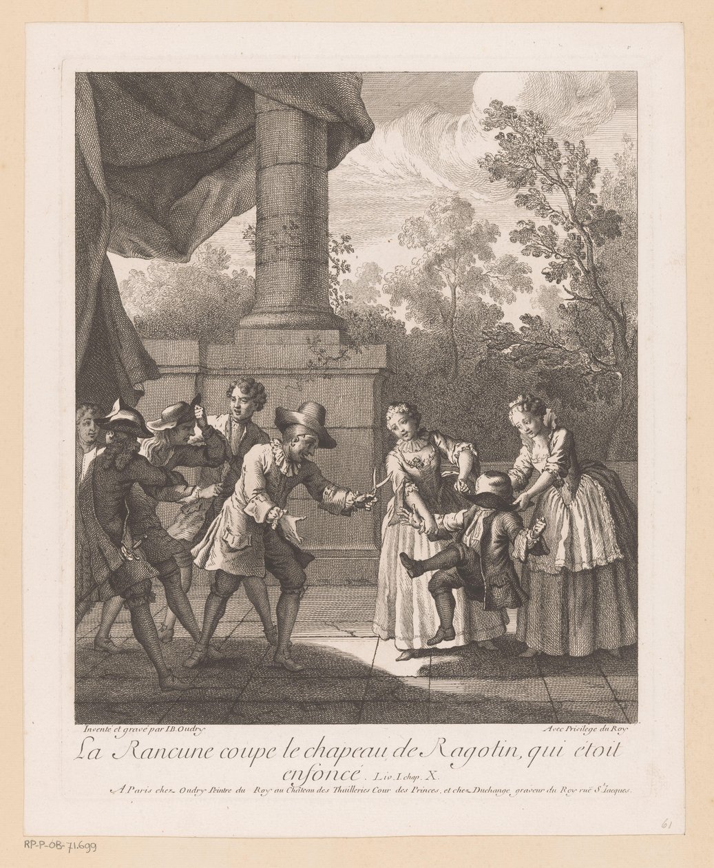 Knipt Wrok autorstwa Hoed van Ragotin La Rancune odcina kapelusz Ragotina (tytuł na obiekcie) Sceny z Romana Comique van Scarrona (tytuł serii) autorstwa Jean Baptiste Oudry