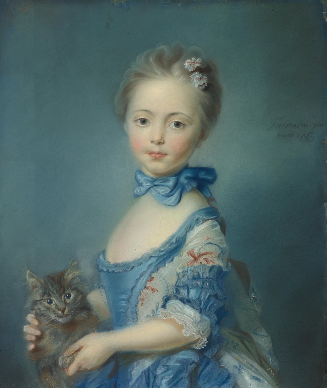 Dziewczyna z kotkiem, 1745 autorstwa Jean Baptiste Perronneau