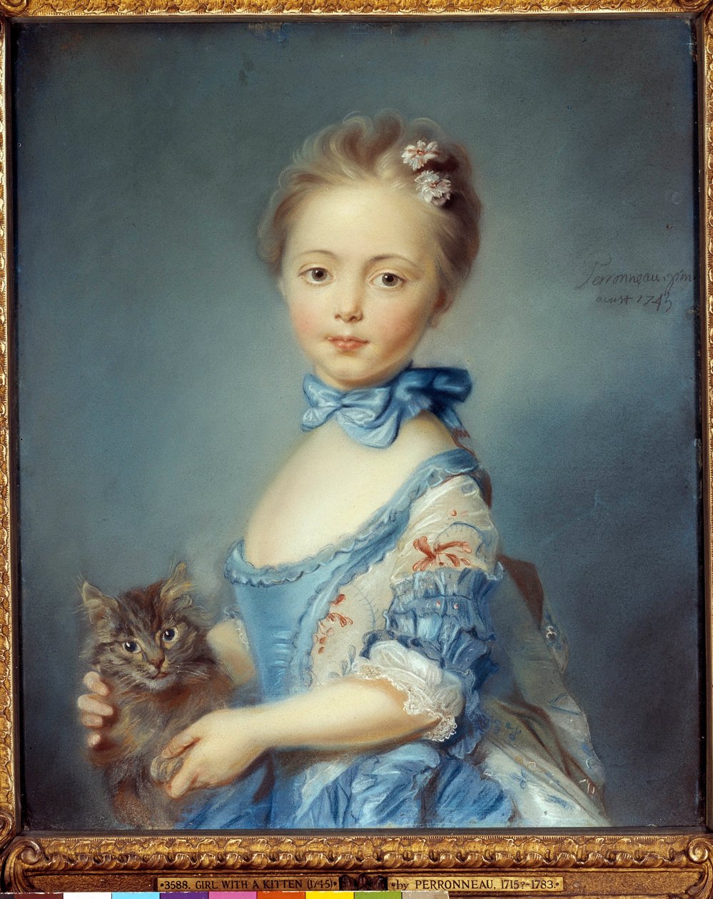 Portret młodej dziewczyny z kotem Malarstwo pastelami Jean-Baptiste Perroneau (Jean Baptiste Perronneau) (1715-1783) autorstwa Jean Baptiste Perronneau