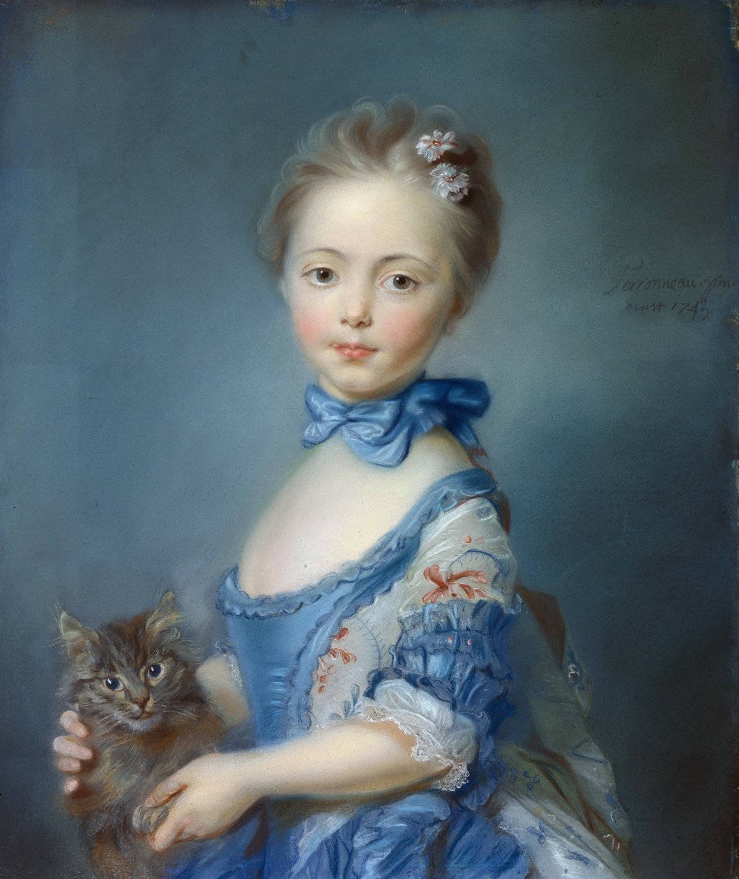 Portret młodej dziewczyny z kotem” Pastelowy obraz Jean-Baptiste Perroneau (Jean Baptiste Perronneau) (1715-1783) autorstwa Jean Baptiste Perronneau