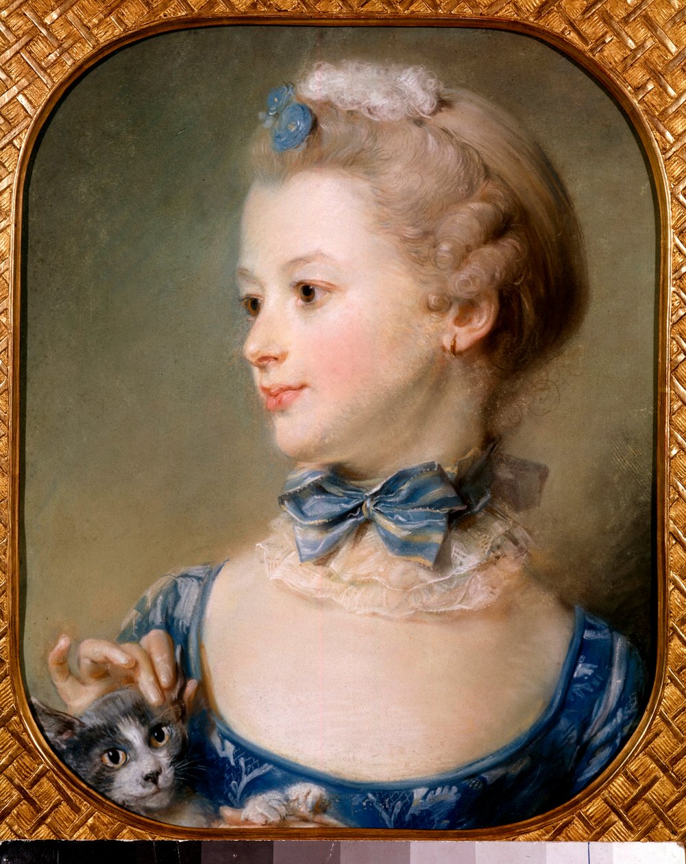 Portret dziewczynki z kotem - Młoda dama ma wstążkę i lekki welon wokół szyi zawiązany węzłem i pieści głowę kota opuszkami palców - Pastelowy obraz Jean-Baptiste Perroneau (Jean Baptiste Perronneau) (1715 -1783) XVIII wiek autorstwa Jean Baptiste Perronneau