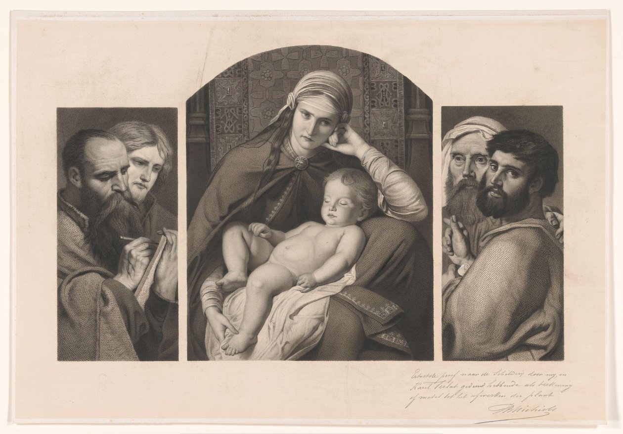 Tryptyk: Maryja z Chrystusem na kolanach i dwie grupy dwóch apostołów autorstwa Jean Baptiste Pierre Michiels (signed by artist)