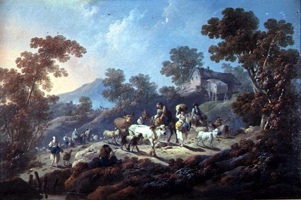 Skalisty zalesiony krajobraz (olej na płótnie) autorstwa Jean Baptiste Pillement