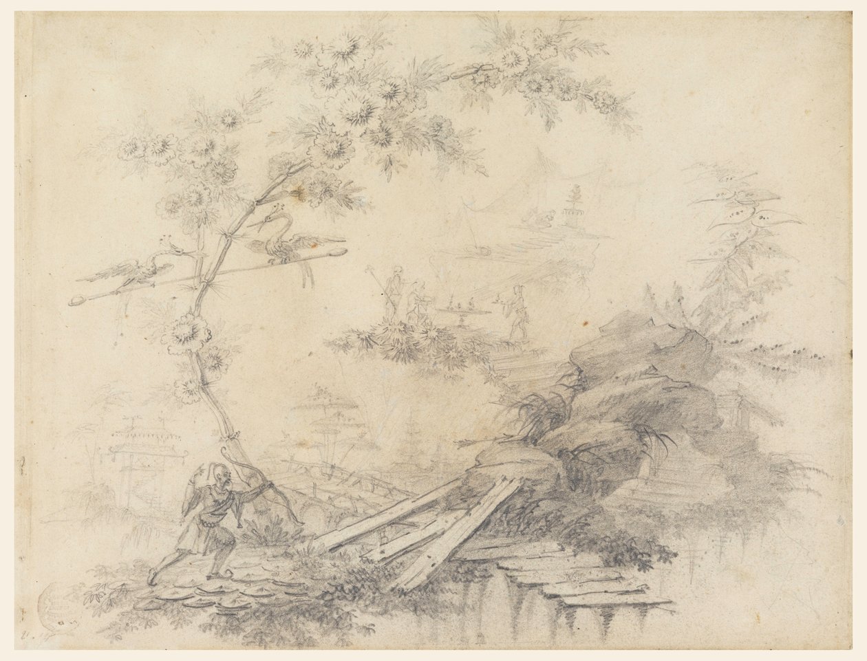 Rysunek, Chinoiserie Fantasy, ok. 1780 r. autorstwa Jean Baptiste Pillement