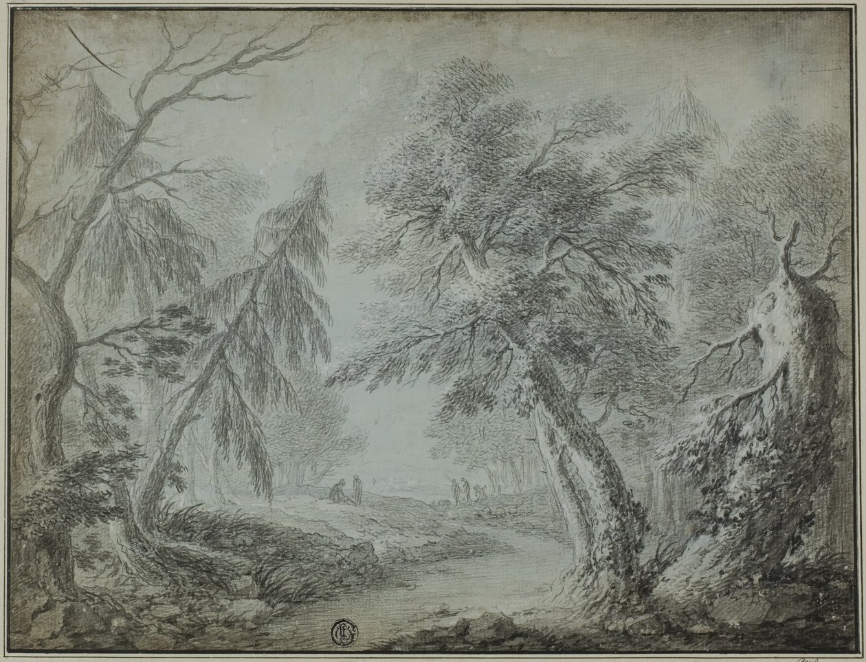 Las ze strumieniem i rysunkami autorstwa Jean Baptiste Pillement