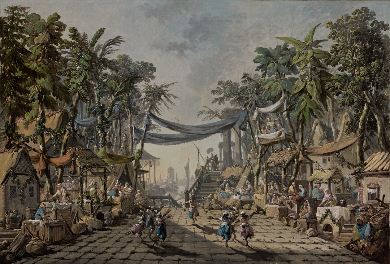 Scena rynkowa w wyimaginowanym orientalnym porcie autorstwa Jean Baptiste Pillement