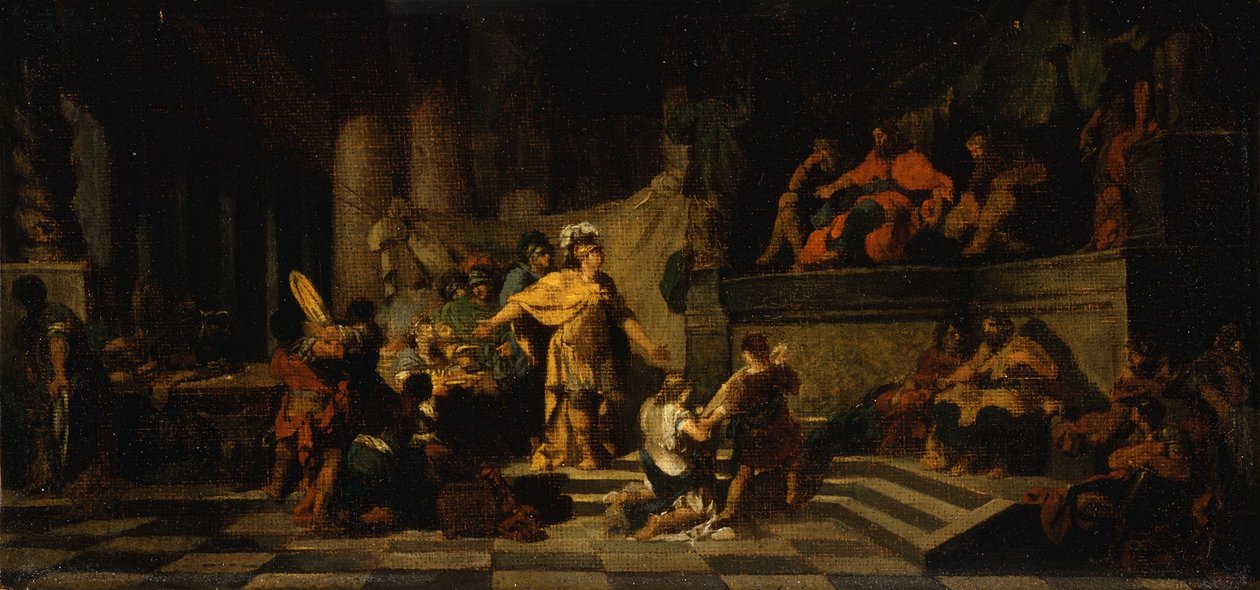 Eneasz ofiarowuje prezenty królowi Latinusowi i prosi go o rękę swojej córki, 1778 autorstwa Jean Baptiste Regnault