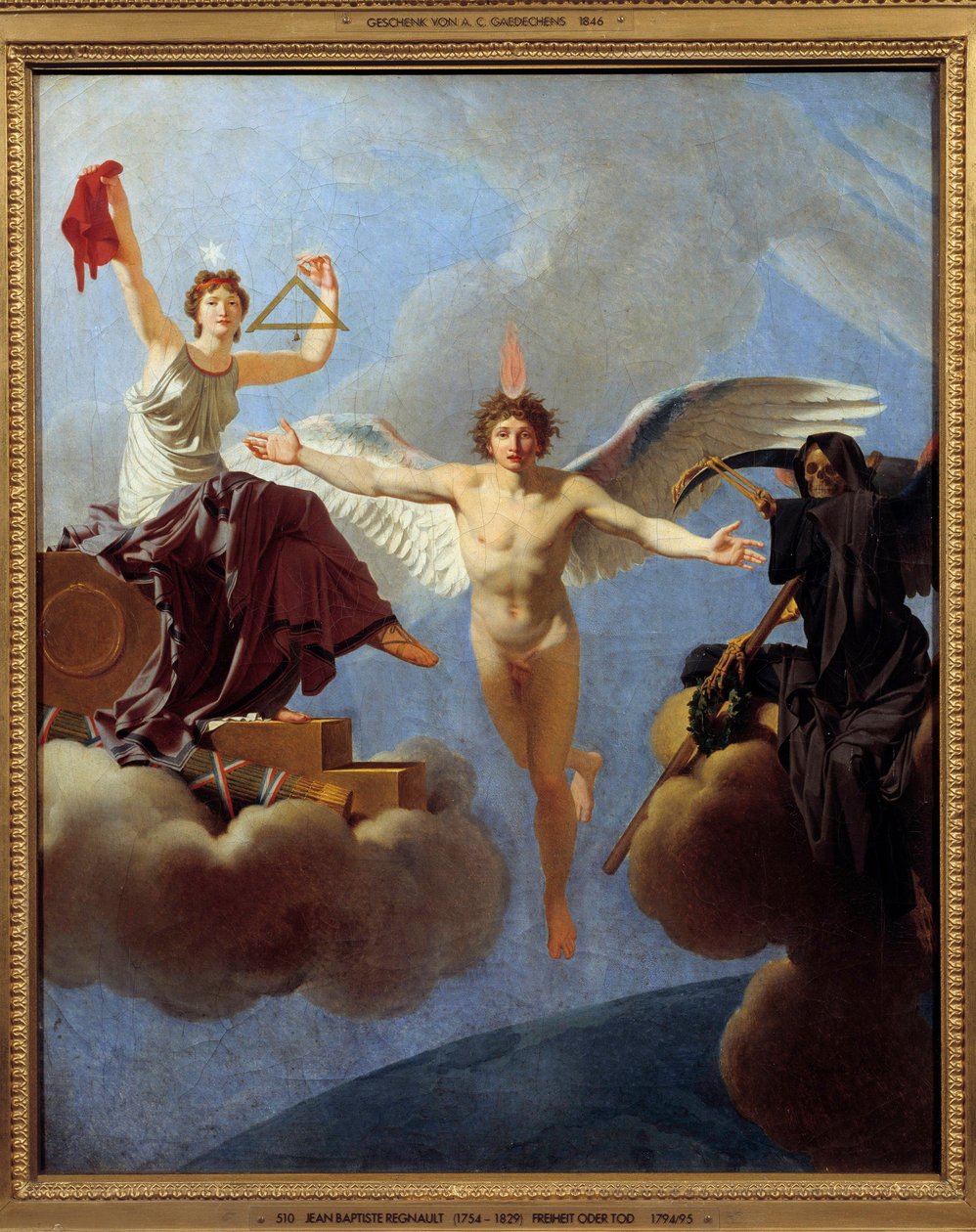 La Liberte ou la Mort Allegorie de la Liberte po lewej, pokryta Diademe de la Reason, dziedzictwem Siecle des Lumieres. Lewą ręką dzierży kwadrat i ołowiany drut symbolizujący równość w obywatelstwie. Zawiera wartości t autorstwa Jean Baptiste Regnault