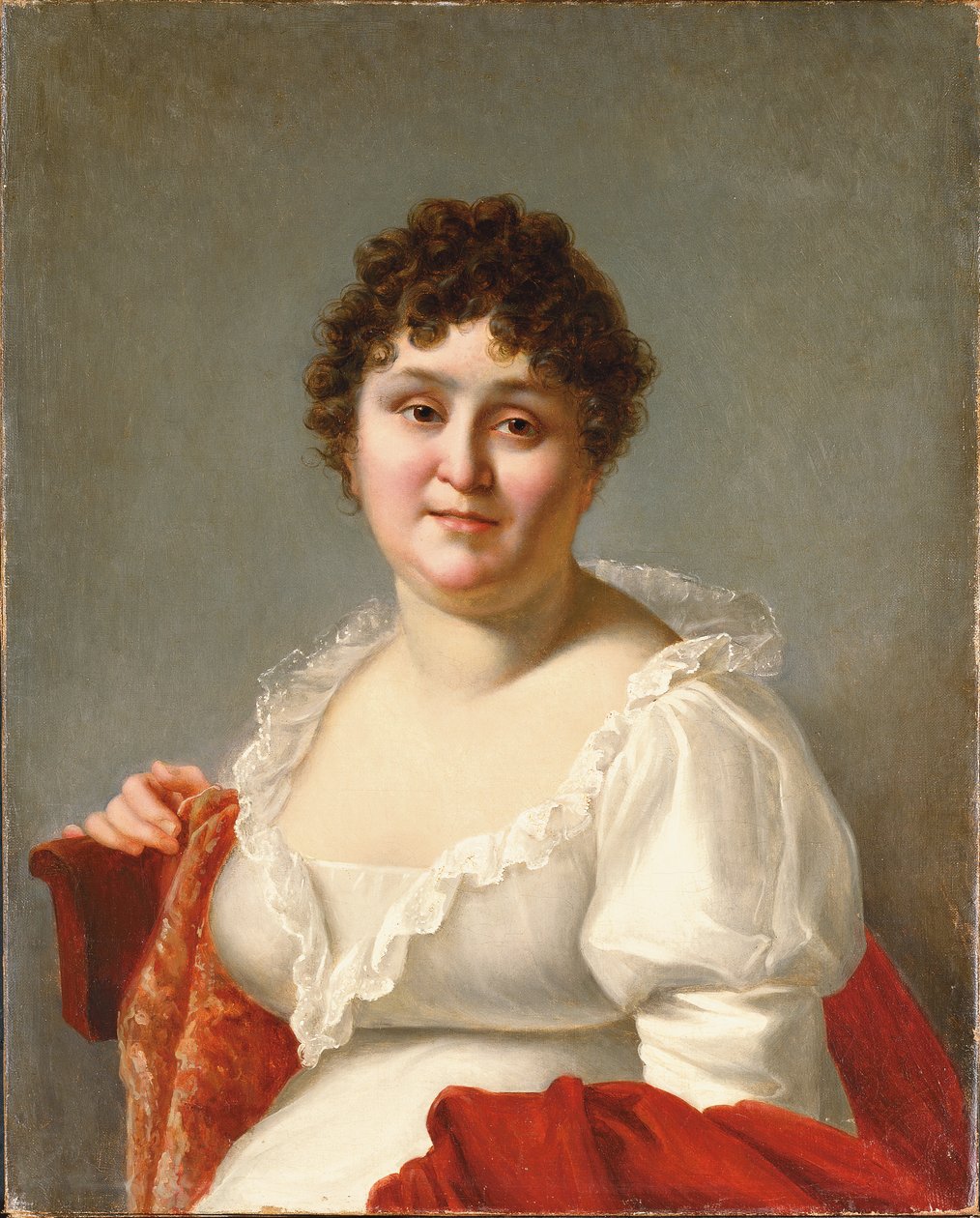 Portret Madame Regnault, do biustu, w białej sukni i persimmonowym szalu (olej na płótnie) autorstwa Jean Baptiste Regnault