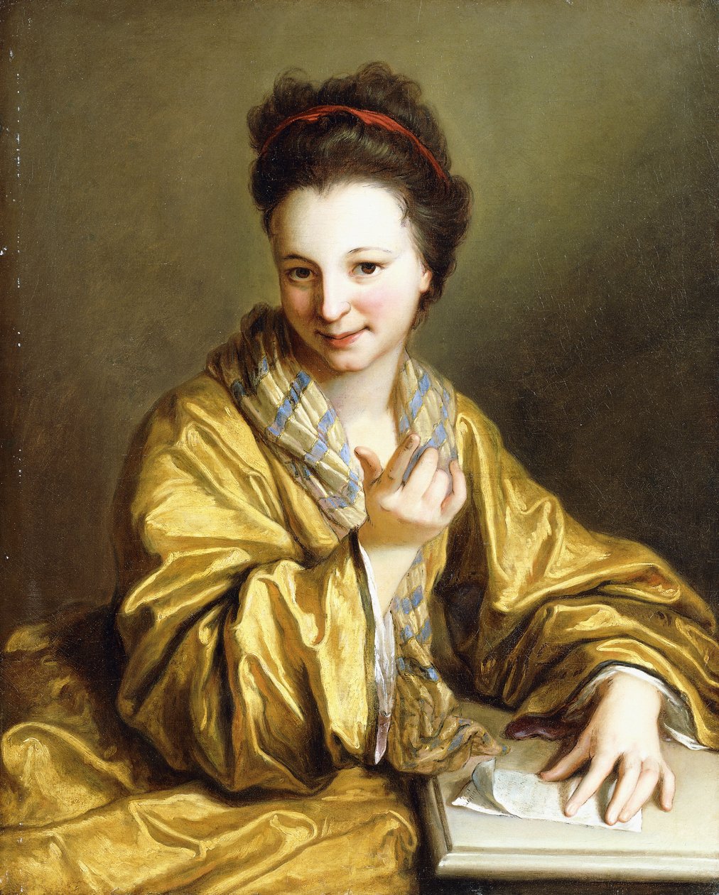 Młoda dama w żółtej szacie, siedząca przy stole, Kiwa, 1703 autorstwa Jean Baptiste Santerre