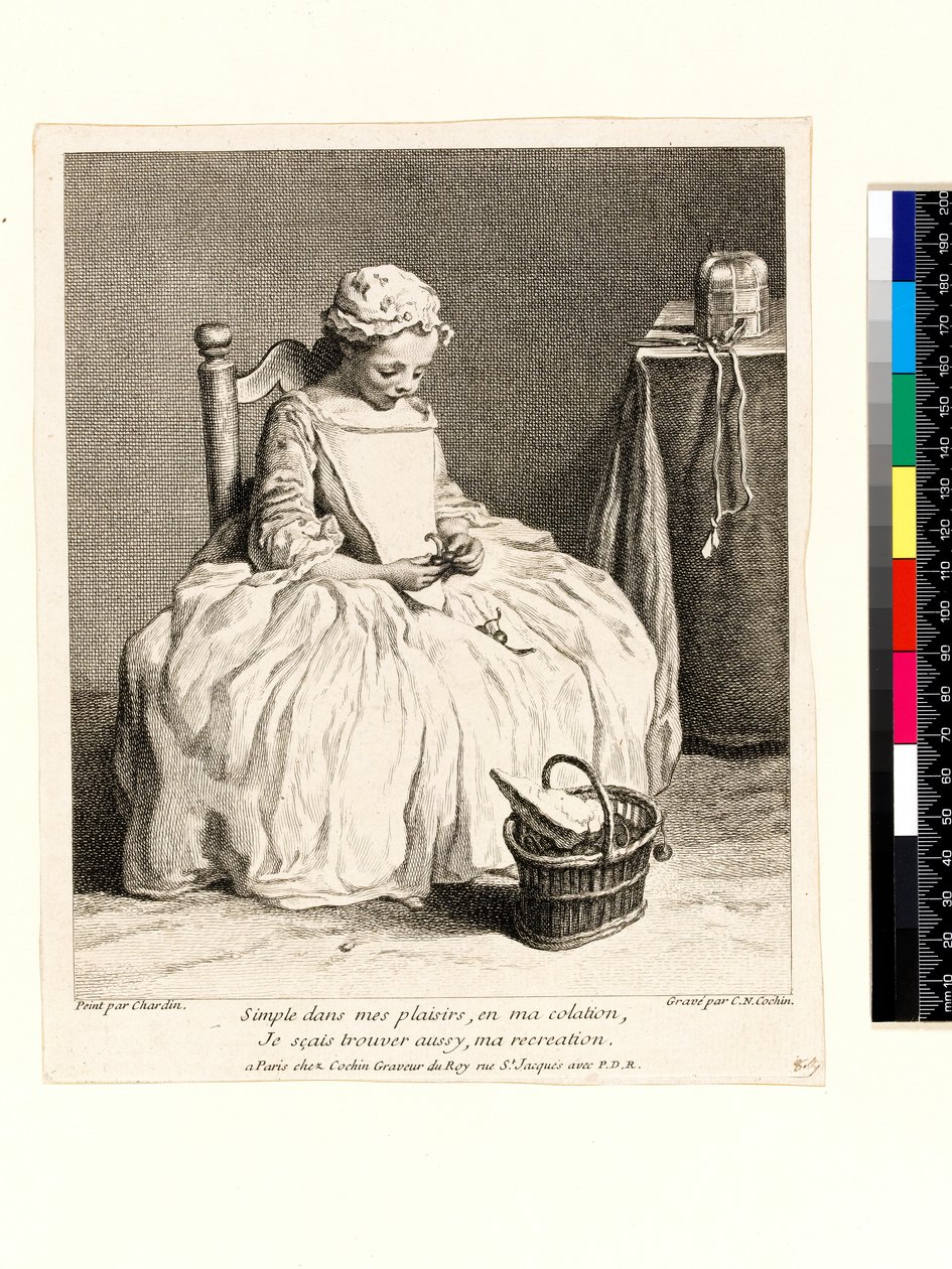 Mała dziewczynka z obiadem (La Petite Fille aux Cerises) grawerowana przez Charlesa Nicolasa Cochina I (1688-1754) 1738 (akwaforta i grawerowanie) autorstwa Jean Baptiste Simeon (after) Chardin