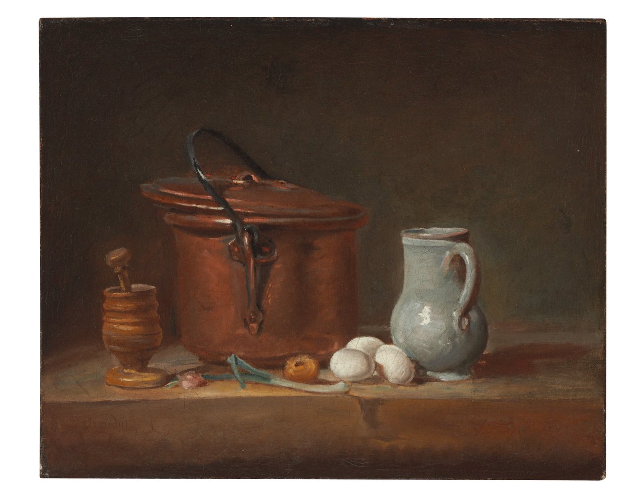 Miedziany rondel, tłuczek i moździerz, dzbanek, szalotka, jajka i cebula na półce autorstwa Jean Baptiste Simeon Chardin
