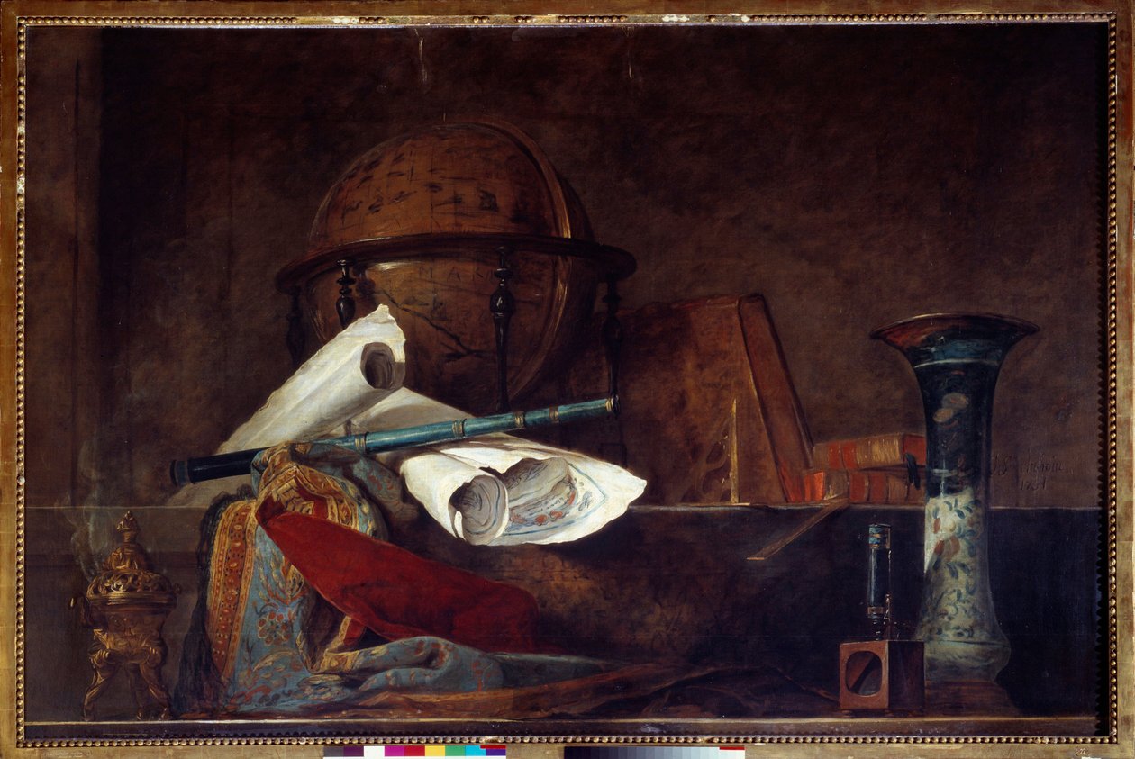 Alegoria nauki Martwa natura, kula ziemska, mapy geograficzne, książki i waza. Obraz Jeana Baptiste Simeona Chardina (1699-1779) XVIII-wieczny Paryż, Musee Jacquemart Andre autorstwa Jean Baptiste Simeon Chardin
