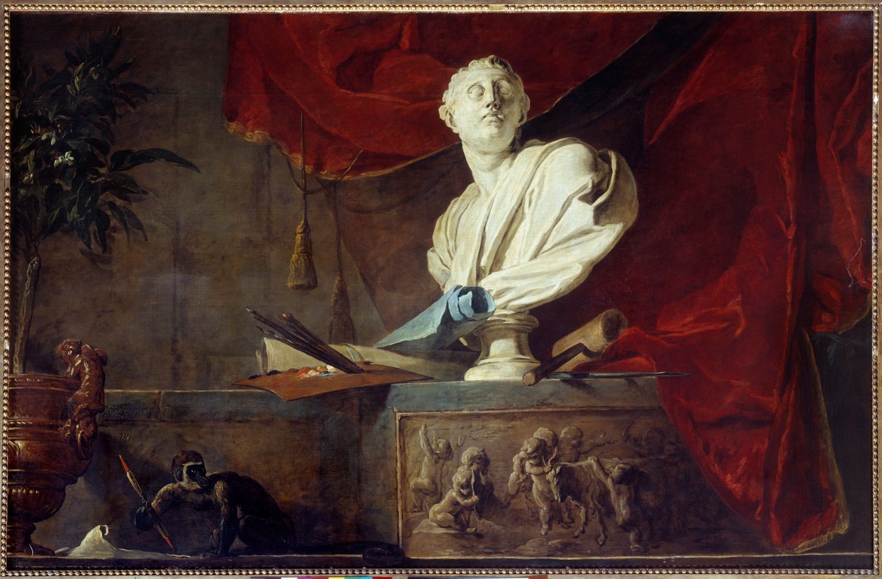 Alegoria Sztuki Martwa natura wyrzeźbiony popiersie, paleta i pędzle, płótno, wałek. Obraz Jeana Baptiste Simeona Chardina (1699-1779) XVIII-wieczny Paryż, Musee Jacquemart Andre autorstwa Jean Baptiste Simeon Chardin