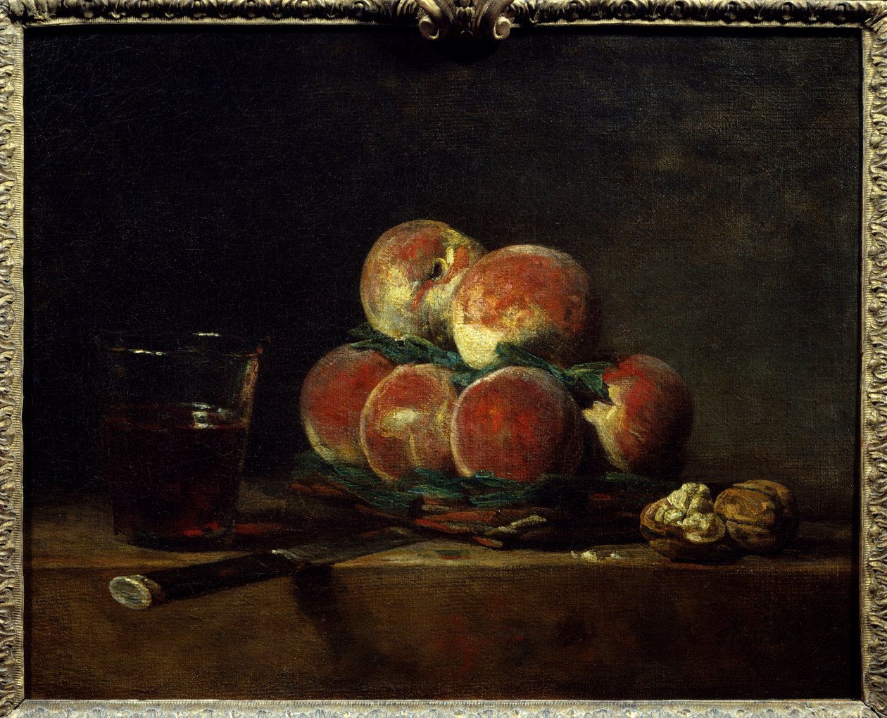 Kosz peczów z orzechami, nożem i kieliszkiem wina Obraz Jean Baptiste Simeon Chardin (1699-1779) 1768 Wym. 0,32x0,39 m Paryż, Musee du Louvre autorstwa Jean Baptiste Simeon Chardin