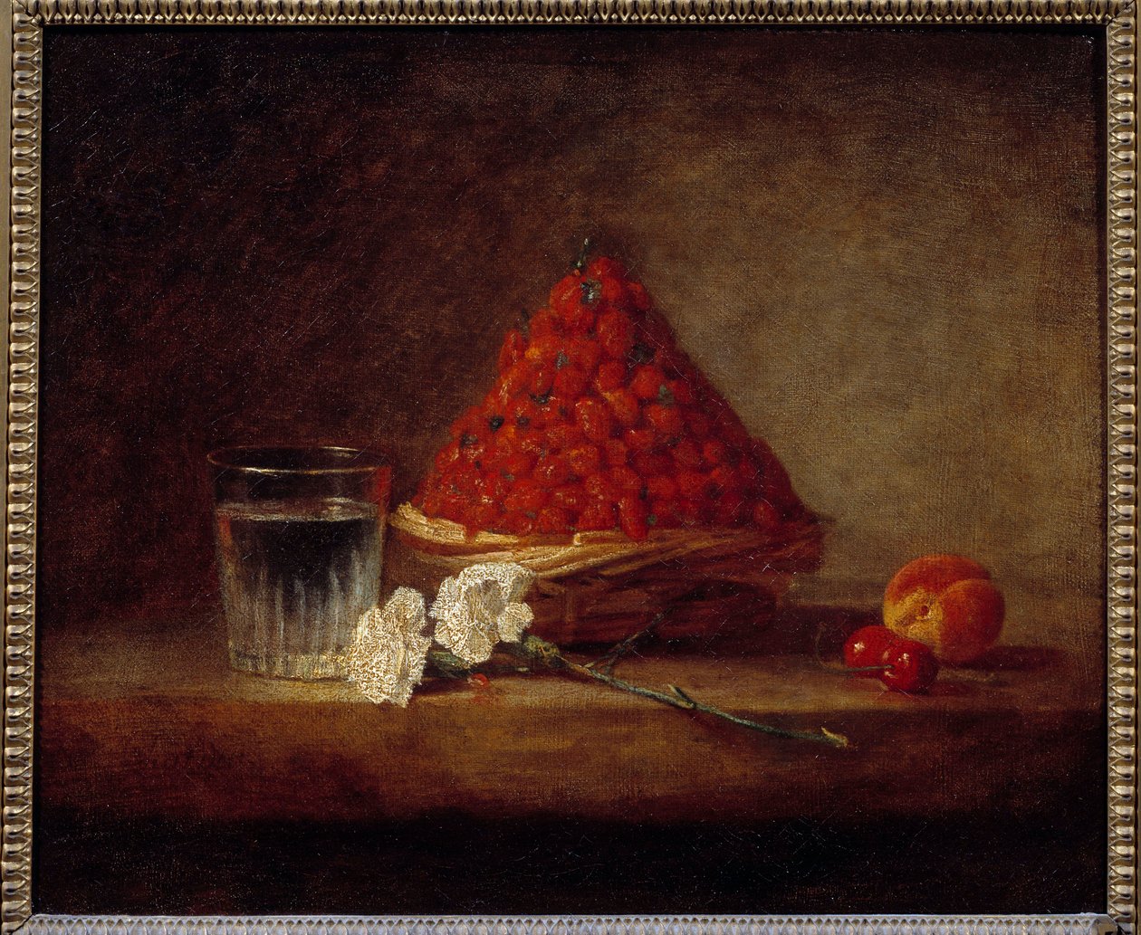 Kosz z poziomkami Obraz Jeana Baptiste Simeona Chardina (1699-1779) XVIII wiek Kolekcja prywatna - Kosz z poziomkami. Obraz Jeana Baptiste Simeona Chardina (1699-1779) autorstwa Jean Baptiste Simeon Chardin