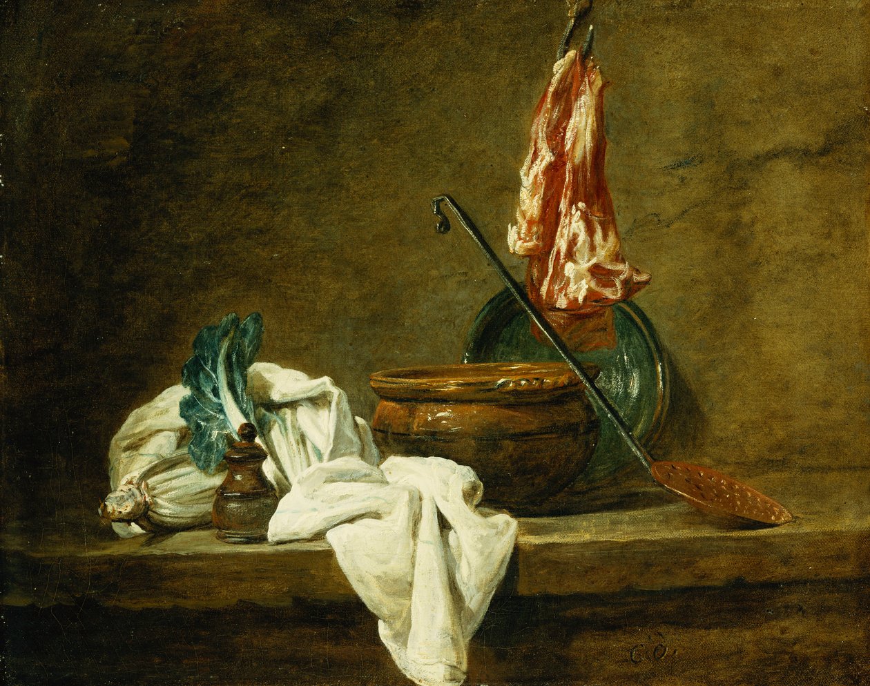 Buraki, pudełko na przyprawy, ścierka do naczyń, garnek, glazurowany talerz ceramiczny, skimmer, z mięsem na haku, na półce, 1734 autorstwa Jean Baptiste Simeon Chardin
