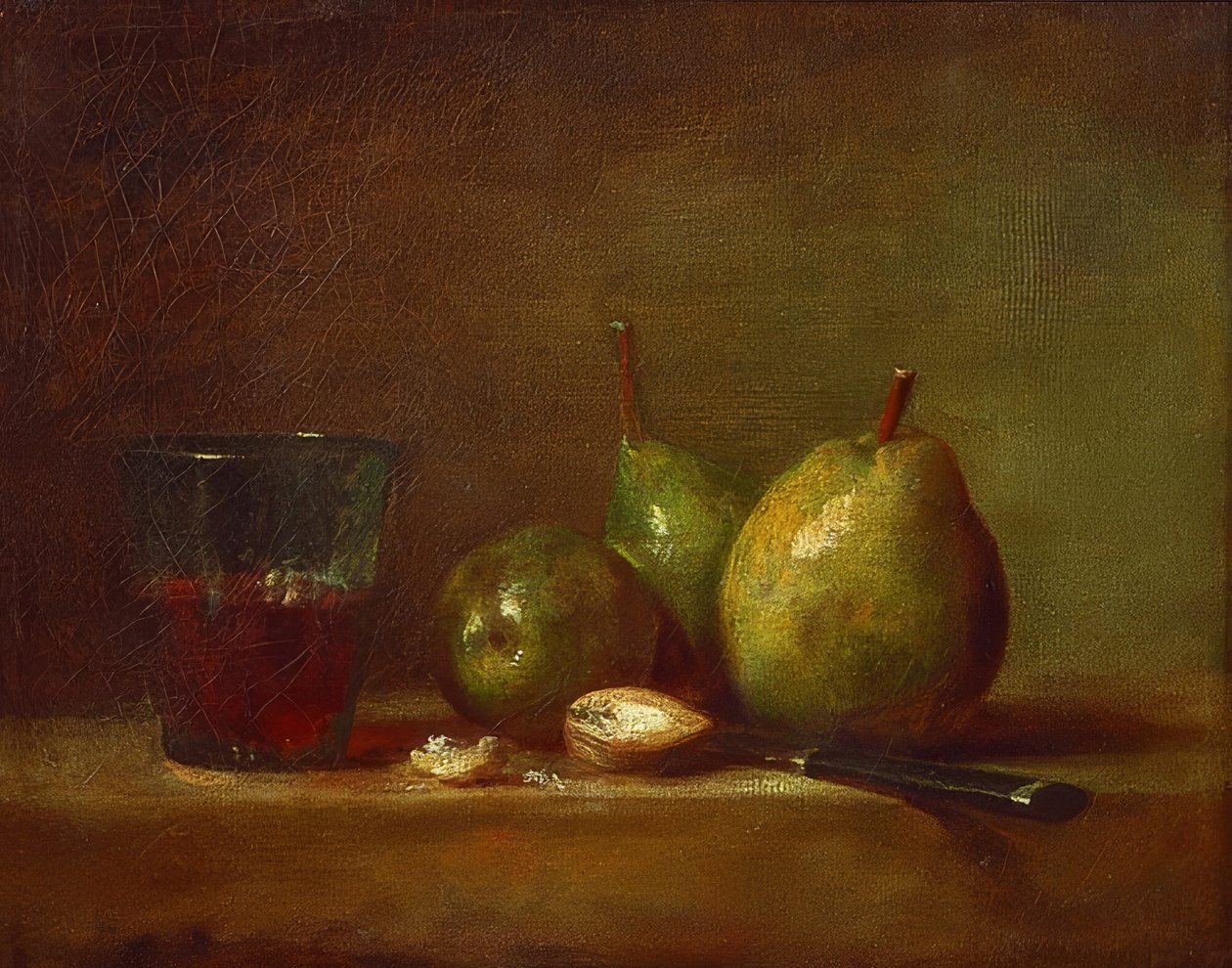Gruszki, orzechy włoskie i kieliszek wina. Około 1768 autorstwa Jean Baptiste Simeon Chardin