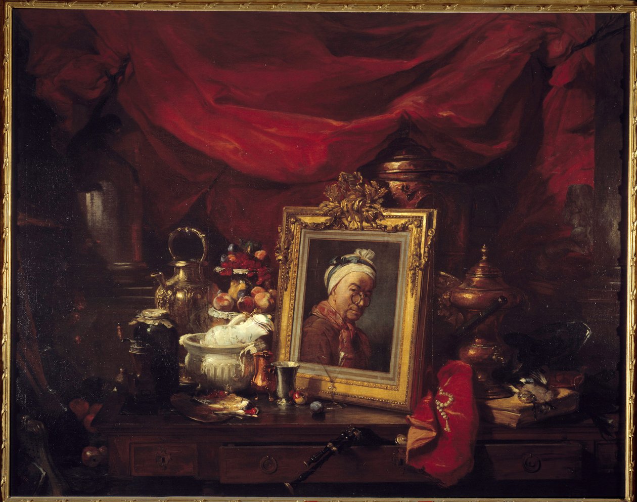 Chardin i jego modele. Tabela w tablicy (abyme). Obraz przedstawiający Jeana Baptiste Simeona Chardina (1699-1779) otacza martwe natury. Obraz Philippe Rousseau (1816-1887) 1867 Nd. 1,77x2,26 m Paryż, musee d