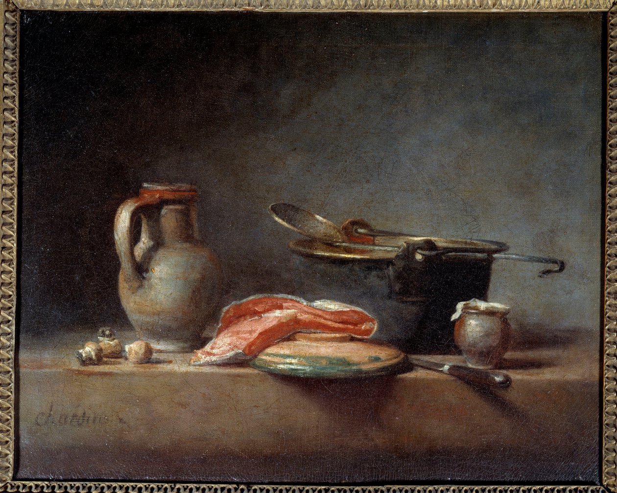 Miedziany garnek, skimmer, dzbanek i plaster łososia. Martwa natura. Jean Baptiste Simeon Chardin (1699 - 1779) autorstwa Jean Baptiste Simeon Chardin