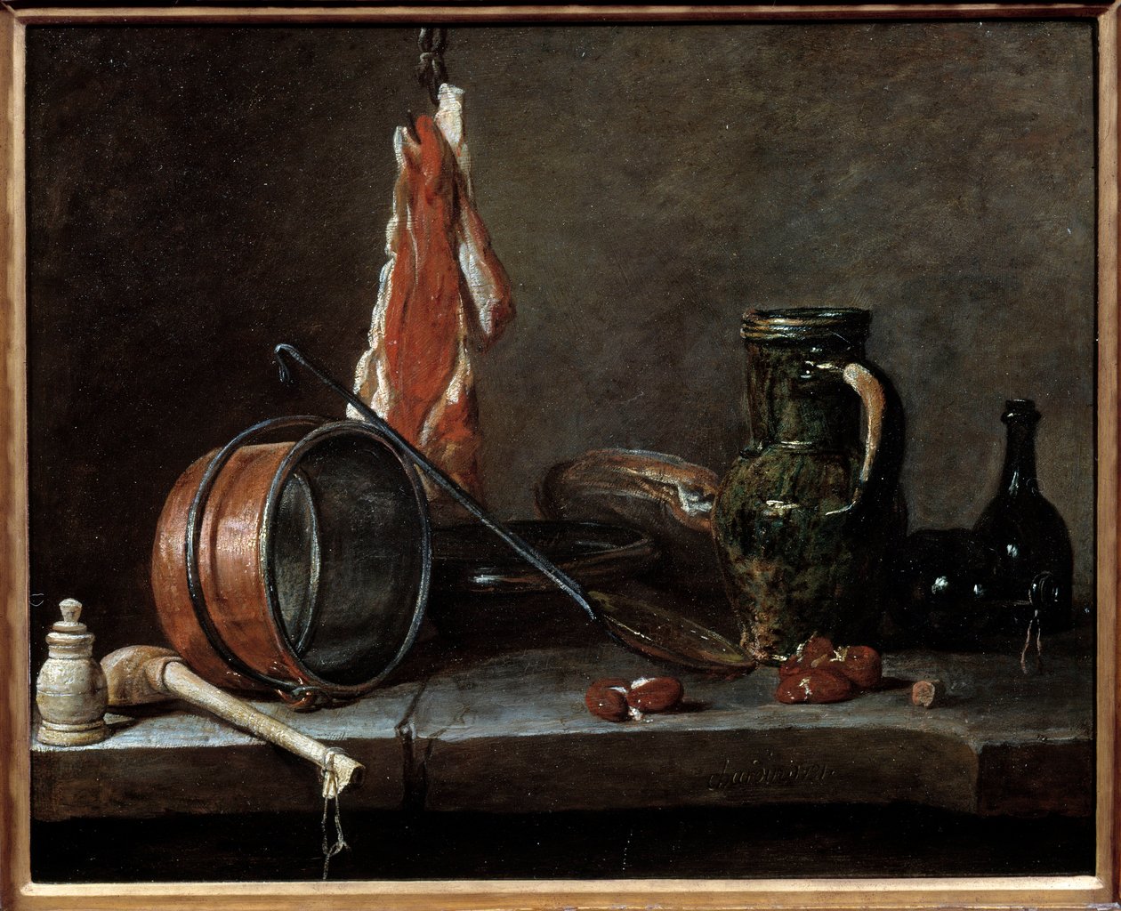 Tłuste menu i naczynia kuchenne. Martwa natura. Obraz Jeana Baptiste Simeona Chardina (1699-1779) autorstwa Jean Baptiste Simeon Chardin