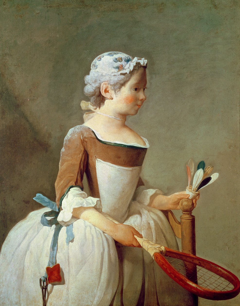 Dziewczyna z rakietą i lotką, ok. 1740 autorstwa Jean Baptiste Simeon Chardin