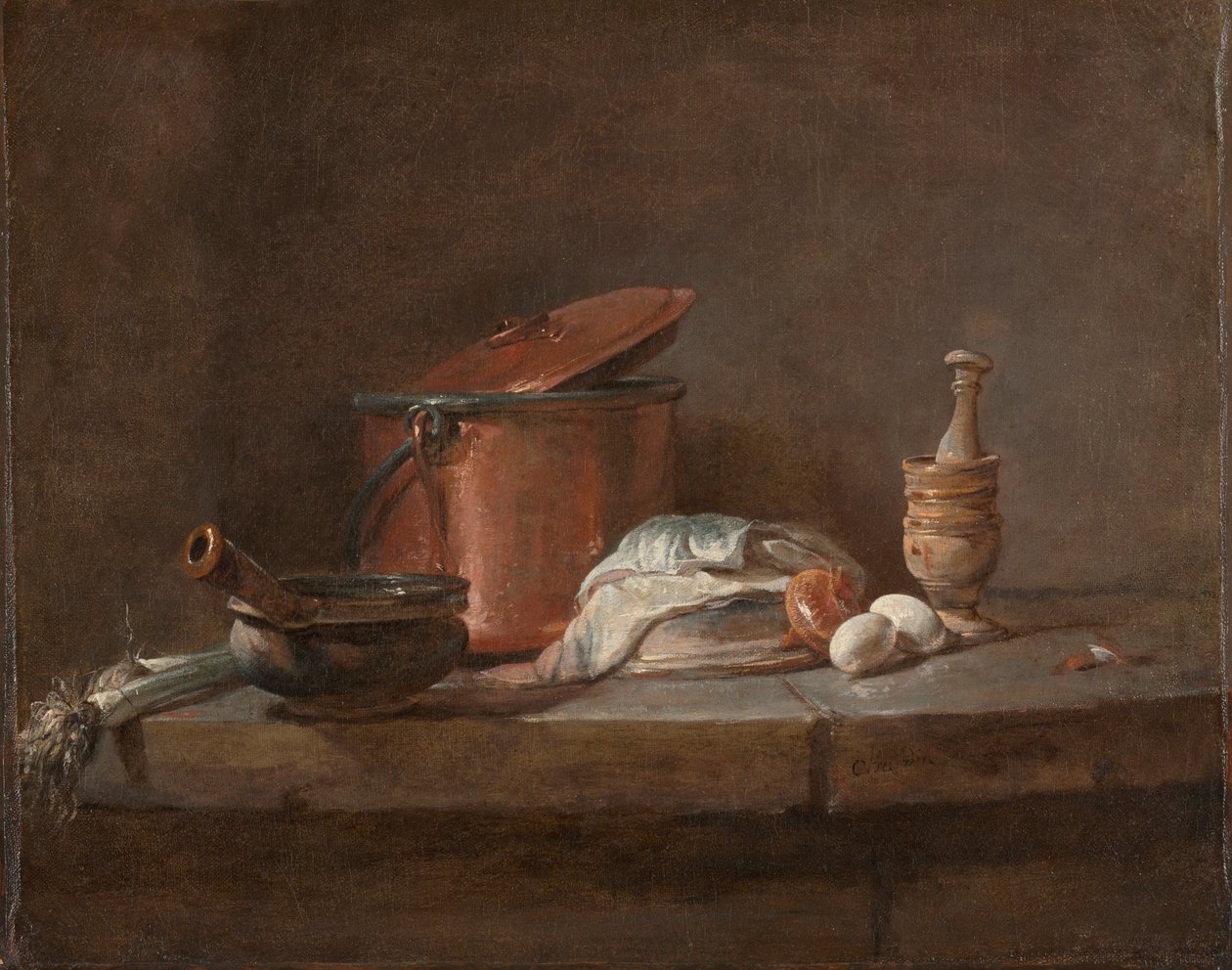 Naczynia kuchenne z porem, rybą i jajkami, ok. 1930 r. 1734. autorstwa Jean Baptiste Simeon Chardin