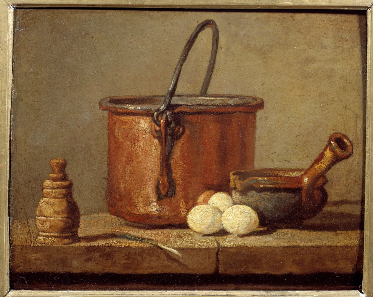 Przybory kuchenne, kociołek, poelon i jajka Obraz Jeana Baptiste Simeona Chardina (1699-1779) XVIII w. Słońce. 0,21 x 0,17 m autorstwa Jean Baptiste Simeon Chardin
