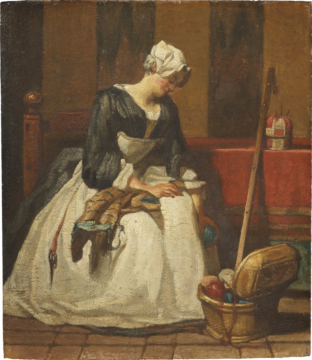 La brodeuse - Haftująca, autorstwa Chardina, Jean Baptiste Simeon (1699-1779). Olej na drewnie. Wymiar : 19x16,5 cm. Muzeum Narodowe w Sztokholmie autorstwa Jean Baptiste Simeon Chardin