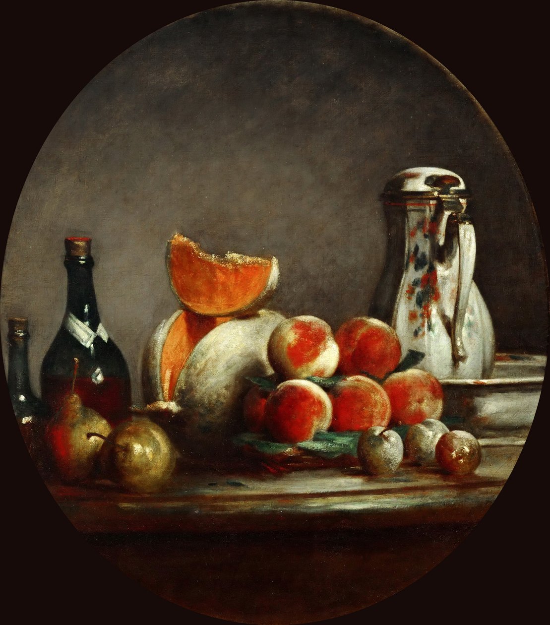 Melony, gruszki, brzoskwinie i śliwki lub Pokrojony melon, 1760 autorstwa Jean Baptiste Simeon Chardin