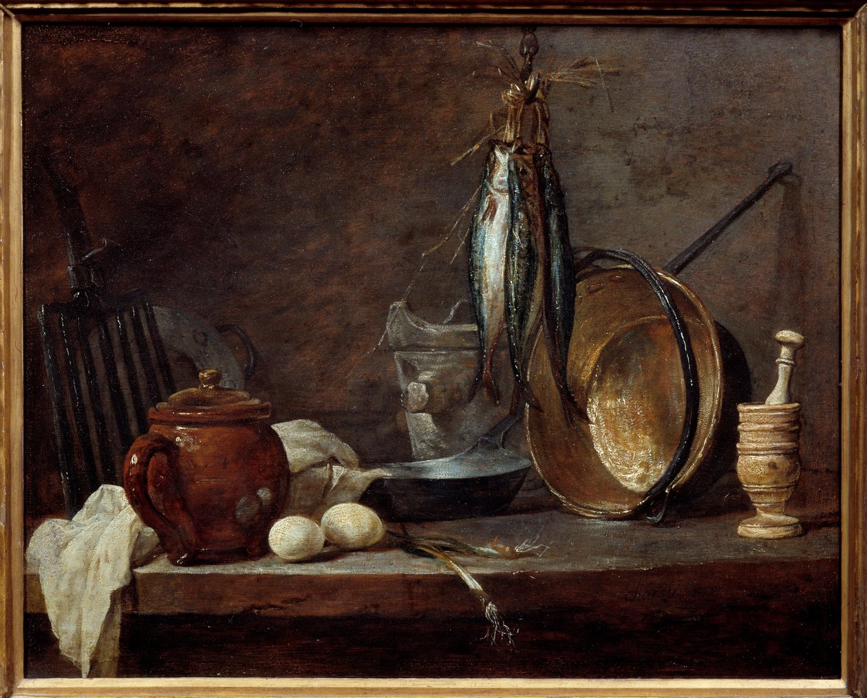 Menu chudego i przyborów kuchennych. Martwa natura. Obraz Jeana Baptiste Simeona Chardina (1699-1779) autorstwa Jean Baptiste Simeon Chardin