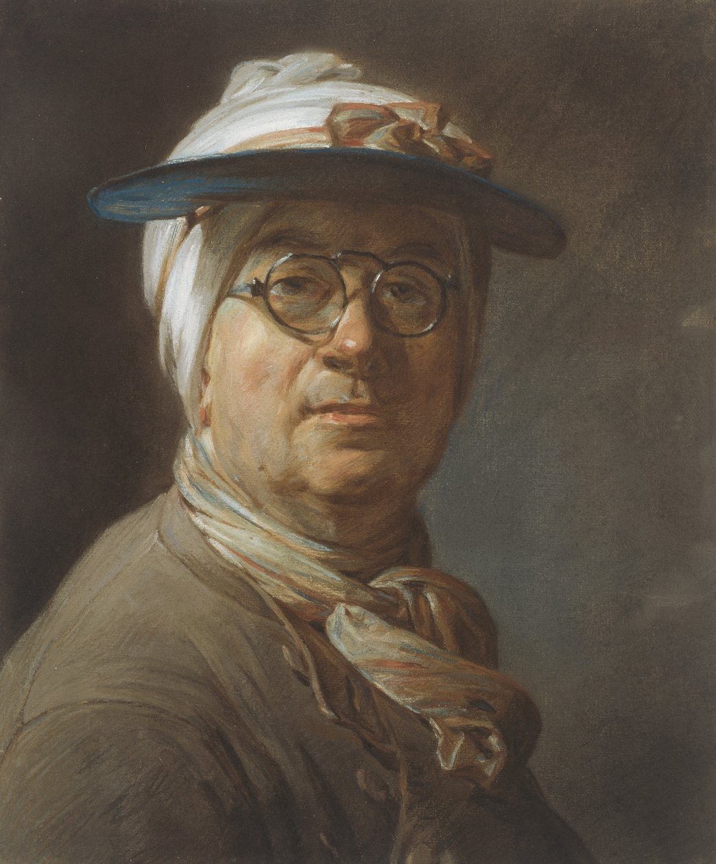 Autoportret z daszkiem, ok. 1776 (pastel na papierze, oprawiony na płótnie) autorstwa Jean Baptiste Simeon Chardin