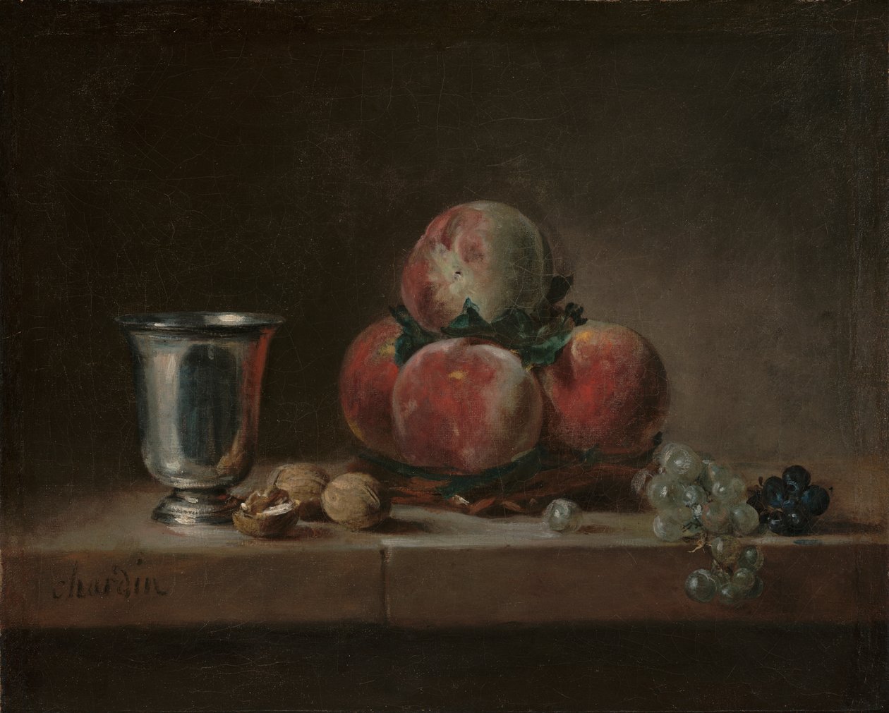 Martwa natura z brzoskwiniami, srebrnym kielichem, winogronami i orzechami włoskimi, ok. 1759-60 (olej na płótnie) autorstwa Jean Baptiste Simeon Chardin