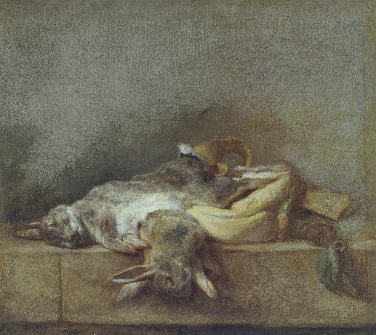 Martwa natura z królikami, torbą na grę i prochowym rogiem, ok. 1755 r. autorstwa Jean Baptiste Simeon Chardin
