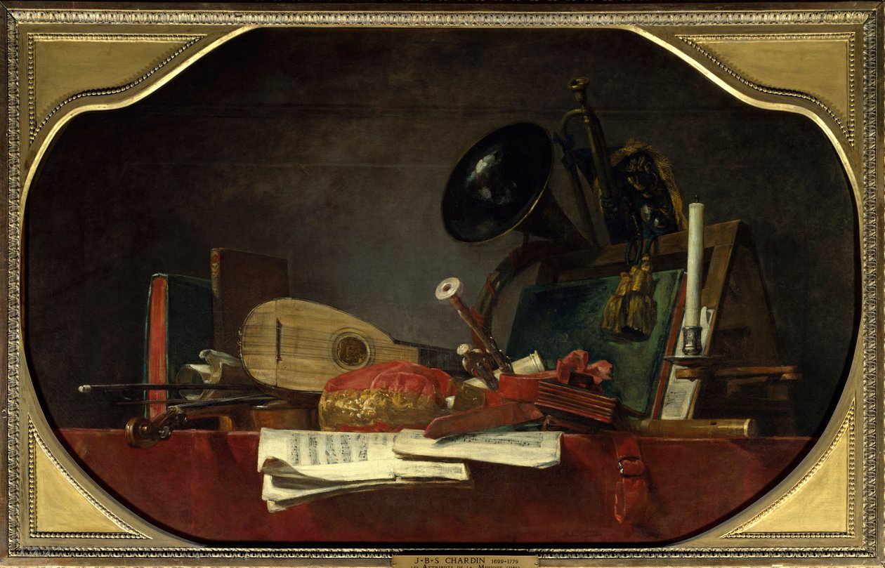 Atrybuty muzyki Martwa natura z partyturą, skrzypcami, mandorem, musette dworską, fletem traversiere, rogiem i trąbką. Obraz Jeana Baptiste Simeona Chardina (1699-1779) 1765 Nd. 0,91 x 1,45 m Paryż, Muzeum Luwru. autorstwa Jean Baptiste Simeon Chardin