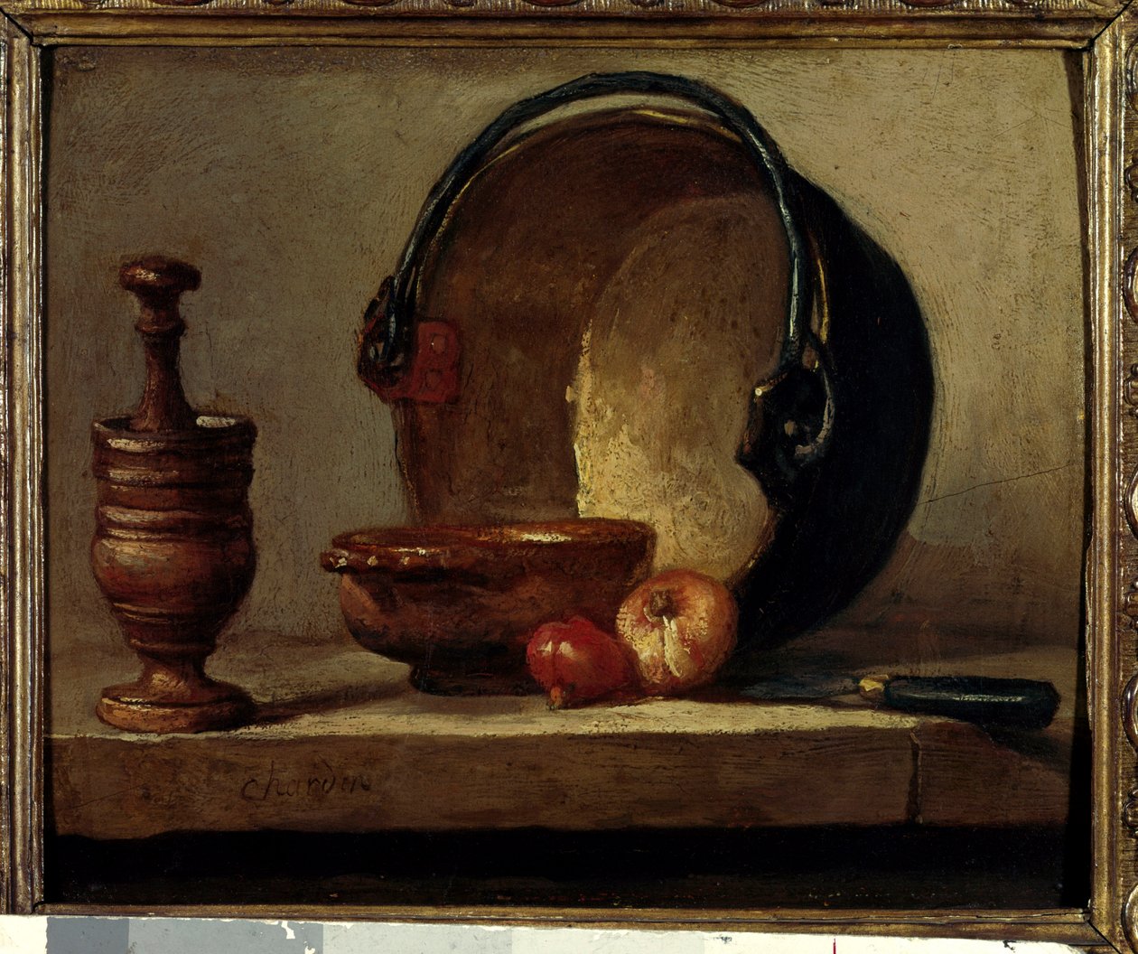 Miedziany chaudon martwa natura z zaprawą i cebulą. Obraz Jeana Baptiste Simeona Chardina (1699-1779) 1732 Paryż, Musee Cognacq Jay autorstwa Jean Baptiste Simeon Chardin